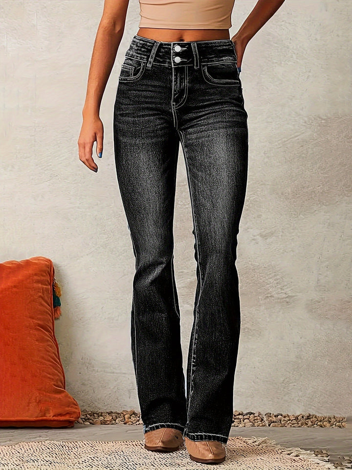 Klassieke damesjeans met rechte pijpen, uitlopende pijpen en hoge taille
