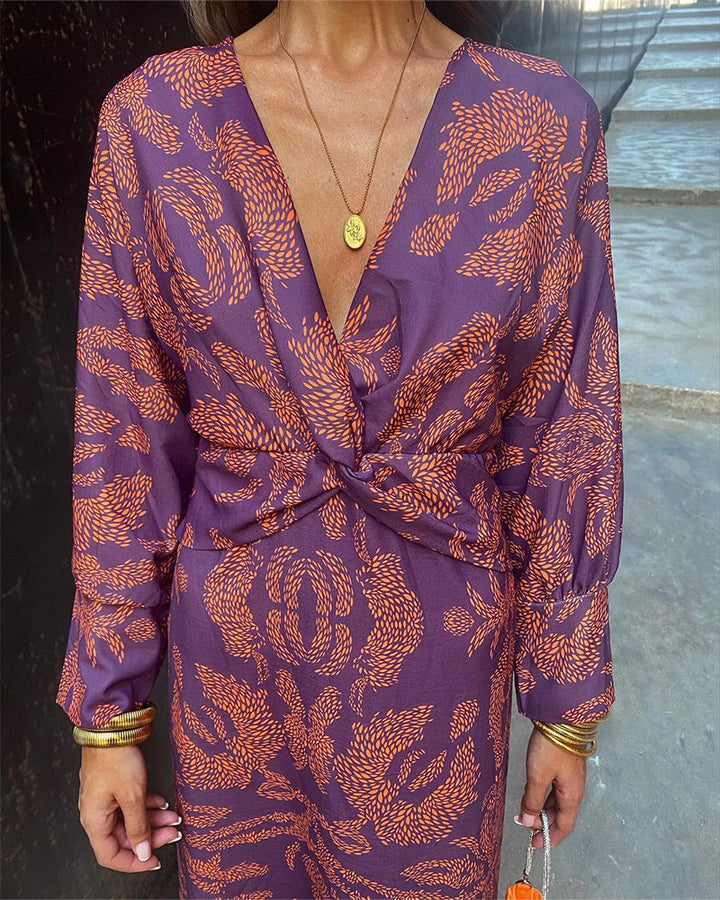 Boho maxi-jurk voor dames met v-hals en lange mouwen, elegant