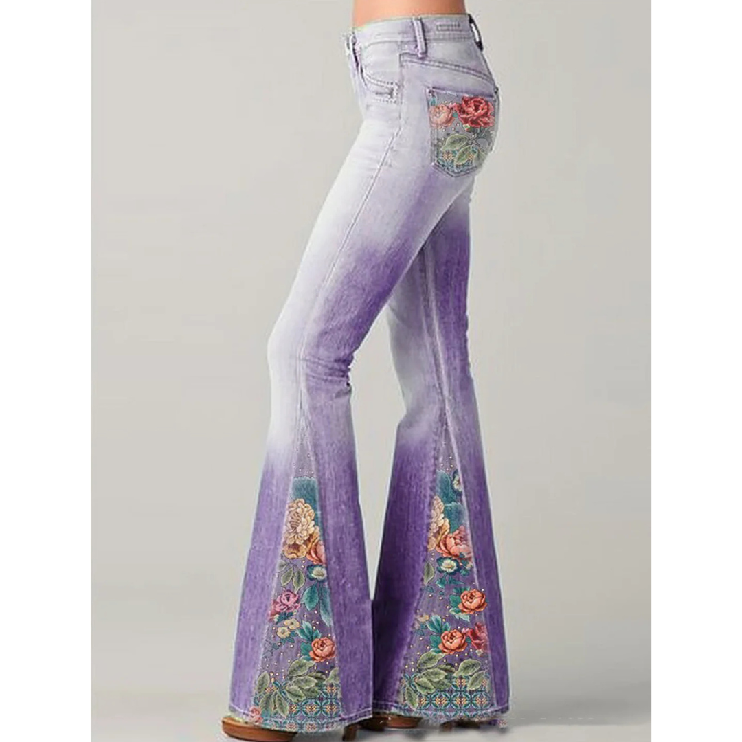 Damesjeans met wijde pijpen en bloemenborduurwerk