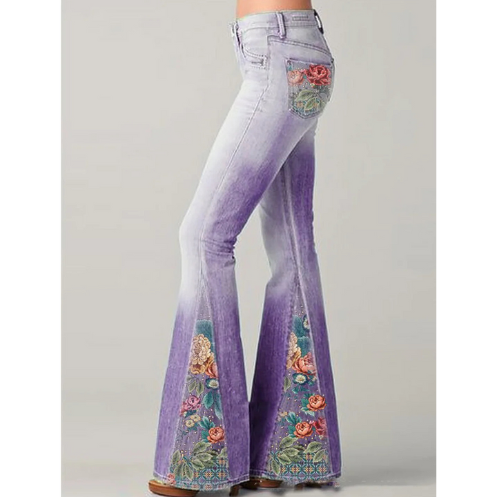 Damesjeans met wijde pijpen en bloemenborduurwerk