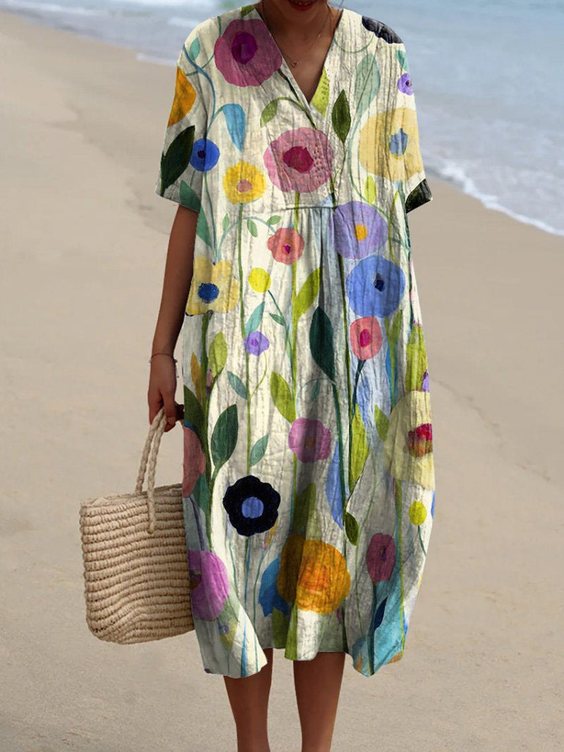 Zomerjurk voor dames met bloemenprint en v-hals, casual