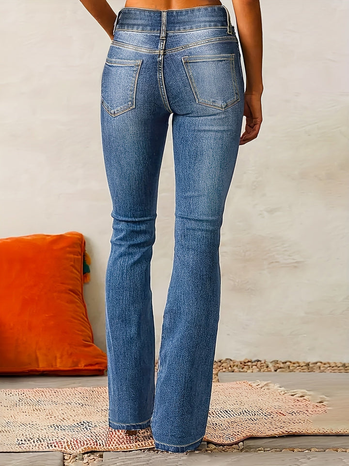 Klassieke damesjeans met rechte pijpen, uitlopende pijpen en hoge taille
