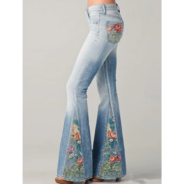 Damesjeans met wijde pijpen en bloemenborduurwerk