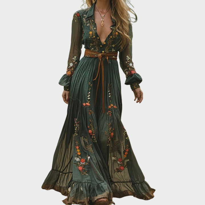 Boho maxi-jurk voor dames met borduurwerk en lange mouwen