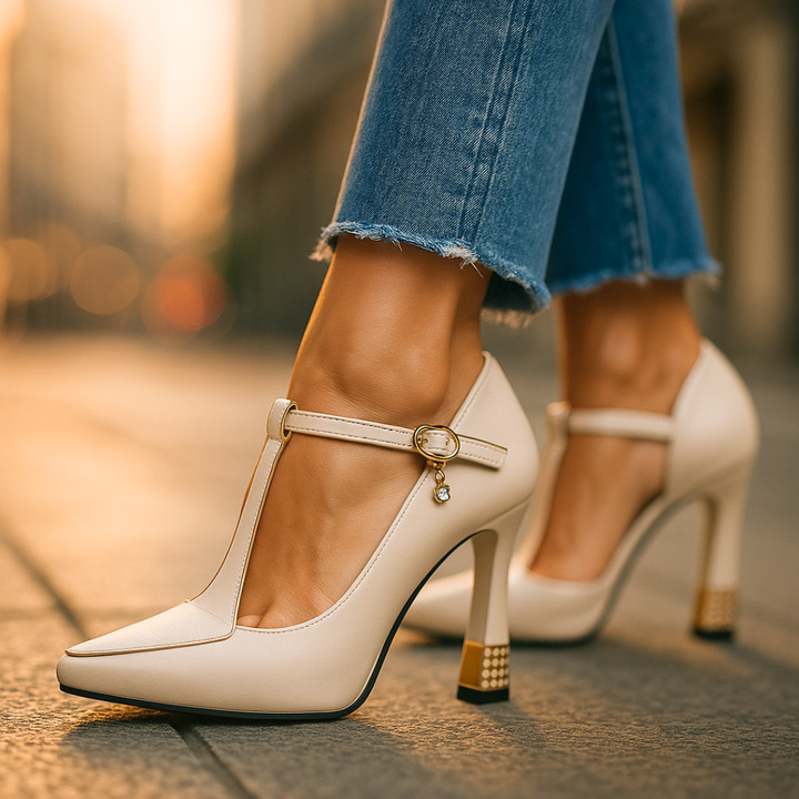 Orthopedische stiletto's met t-bandje en vierkante hak voor dames