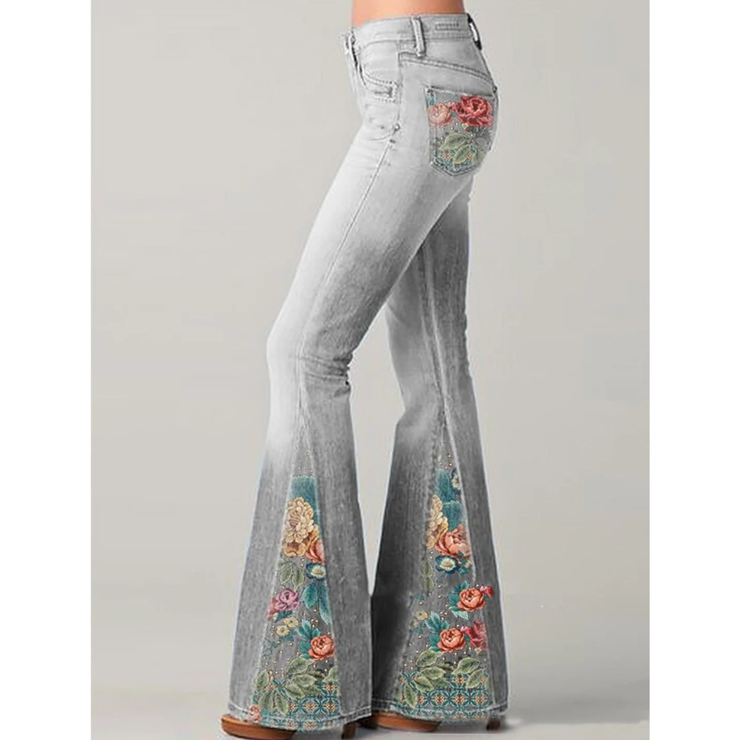 Damesjeans met wijde pijpen en bloemenborduurwerk