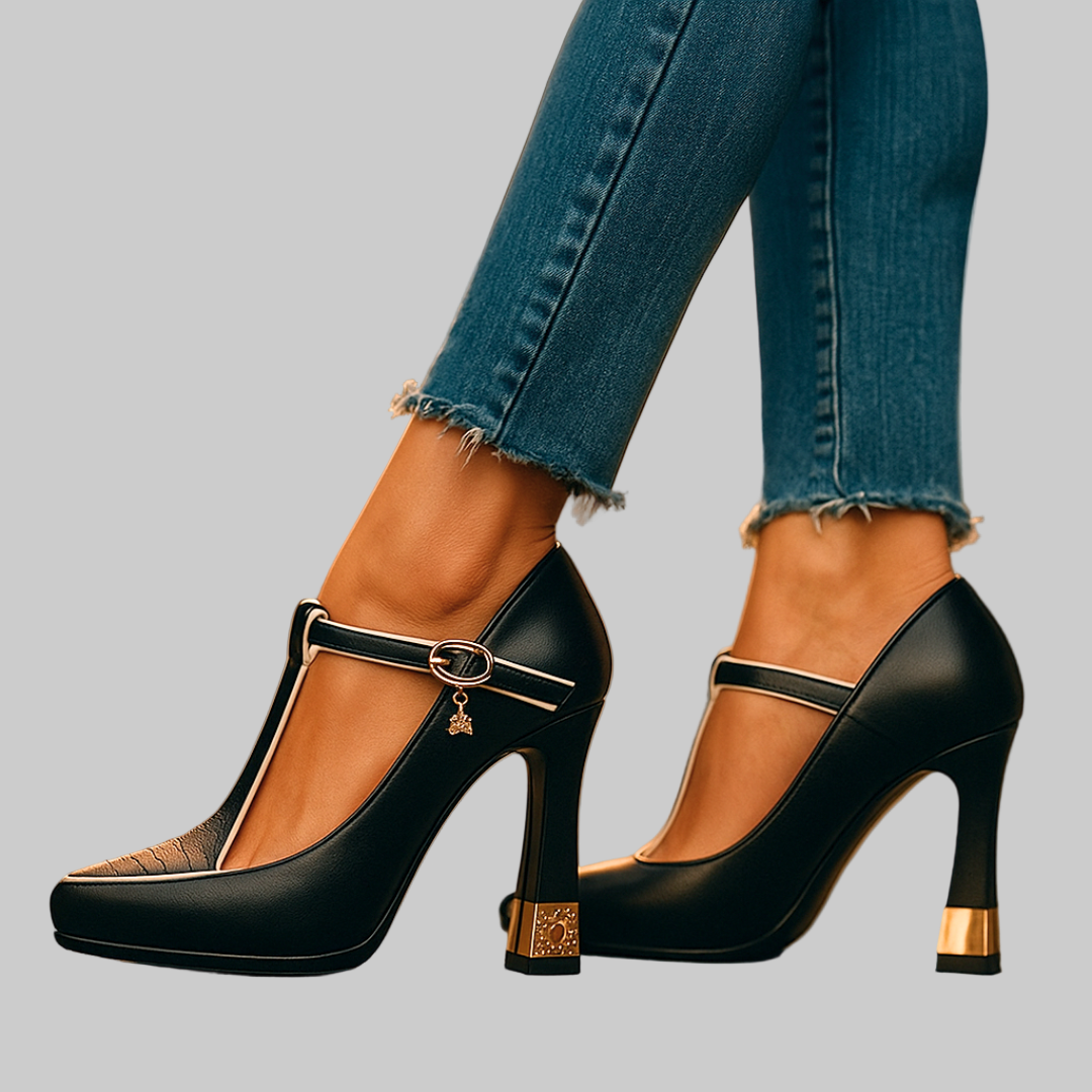 Orthopedische stiletto's met t-bandje en vierkante hak voor dames