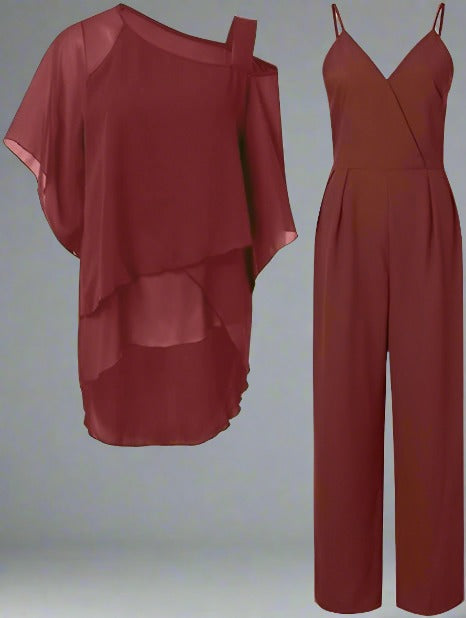 Dames chiffon tweedelig set met jasje en broek elegant