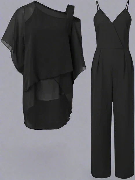 Dames chiffon tweedelig set met jasje en broek elegant