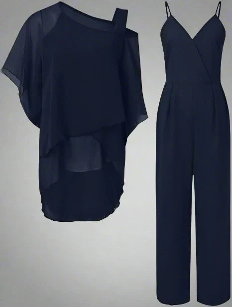 Dames chiffon tweedelig set met jasje en broek elegant