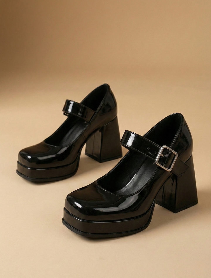 Lakleer mary jane schoenen voor dames met blokhak en platformzool