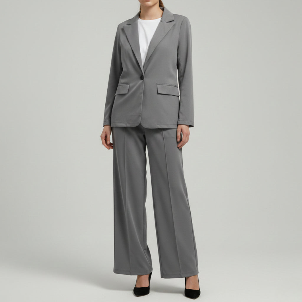 Tweedelig damespak met jasje en wijde broek, hoge taille
