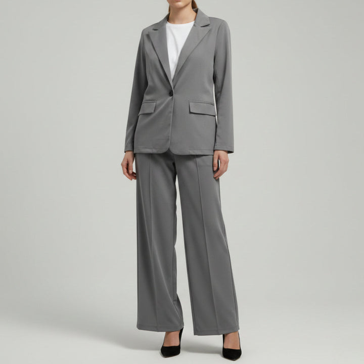 Tweedelig damespak met jasje en wijde broek, hoge taille