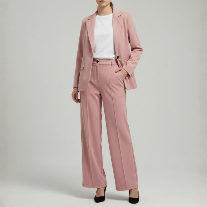 Tweedelig damespak met jasje en wijde broek, hoge taille