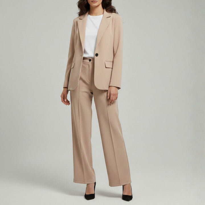 Tweedelig damespak met jasje en wijde broek, hoge taille