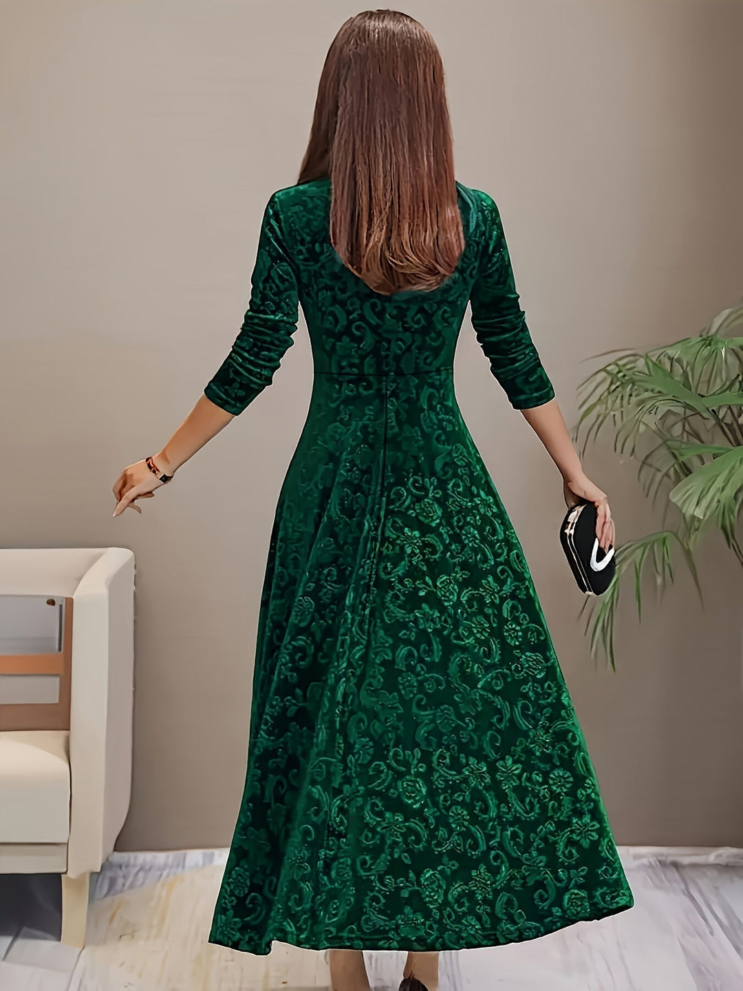 Elegante fluwelen midi-jurk met bloemenprint voor dames