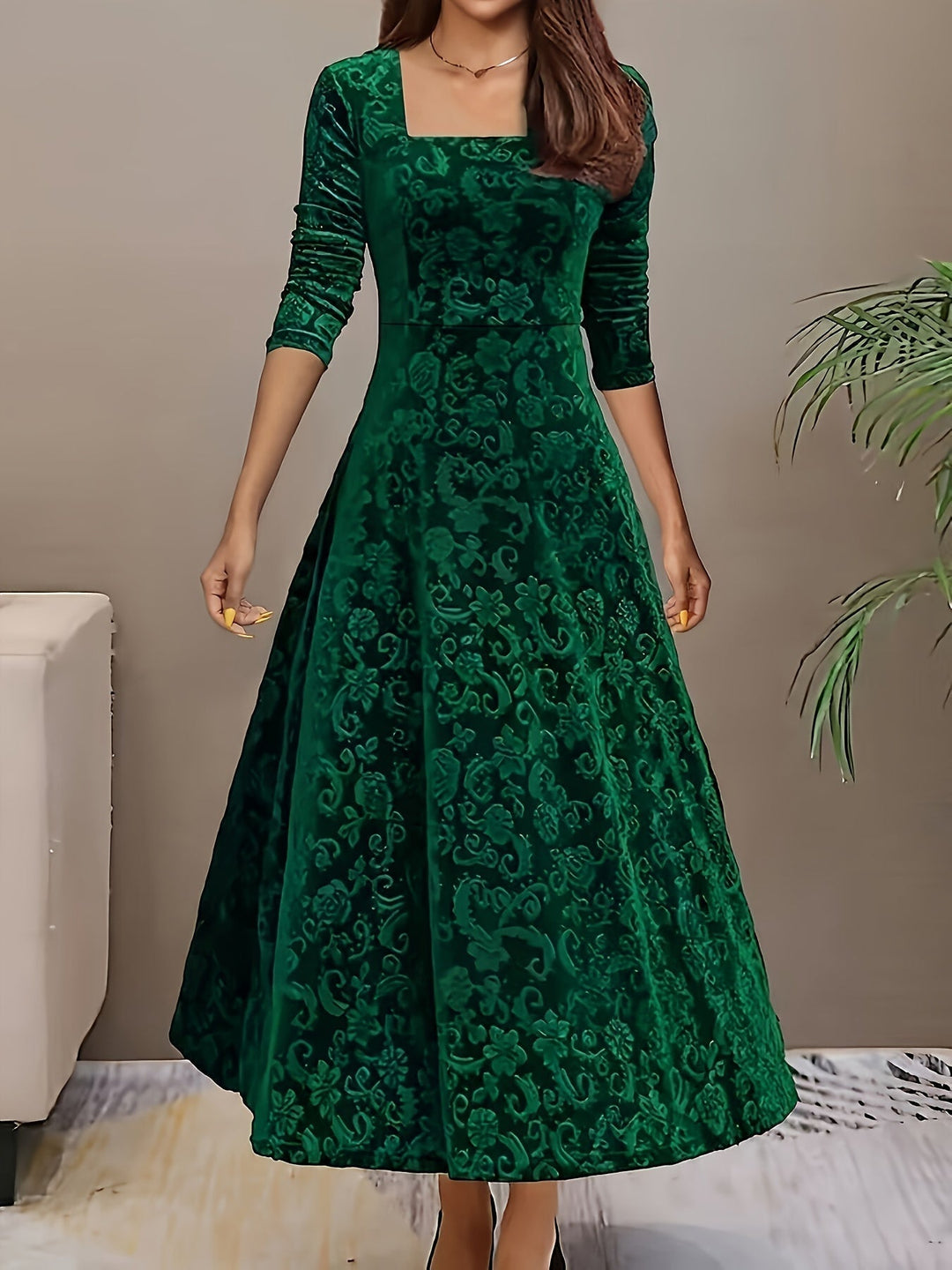 Elegante fluwelen midi-jurk met bloemenprint voor dames