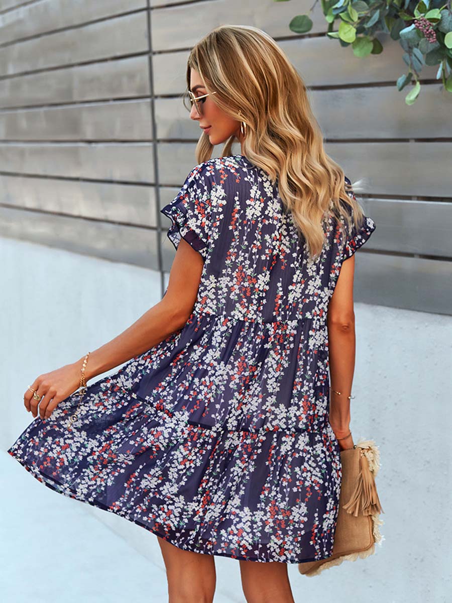 A-lijn mini-jurk met bloemenprint en v-hals voor dames, lentejurk