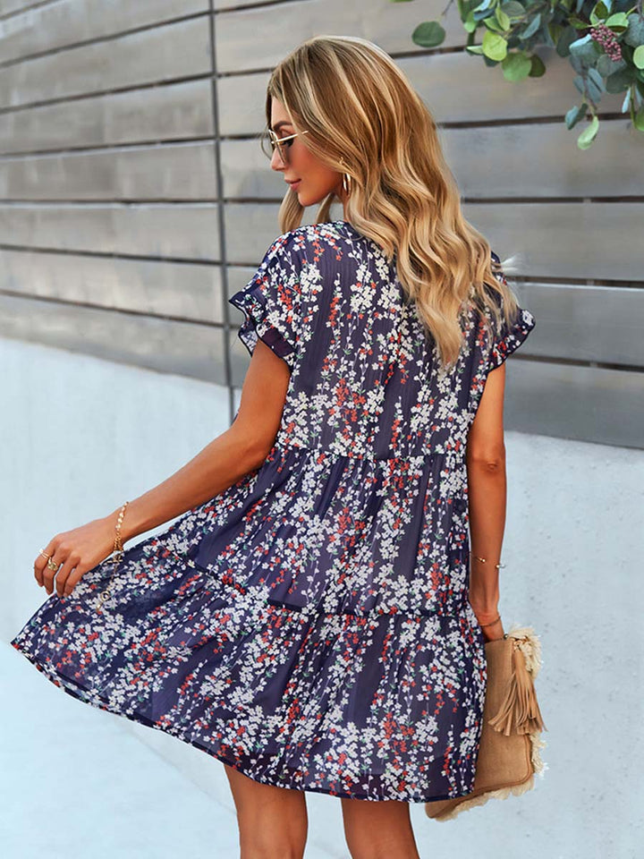 A-lijn mini-jurk met bloemenprint en v-hals voor dames, lentejurk