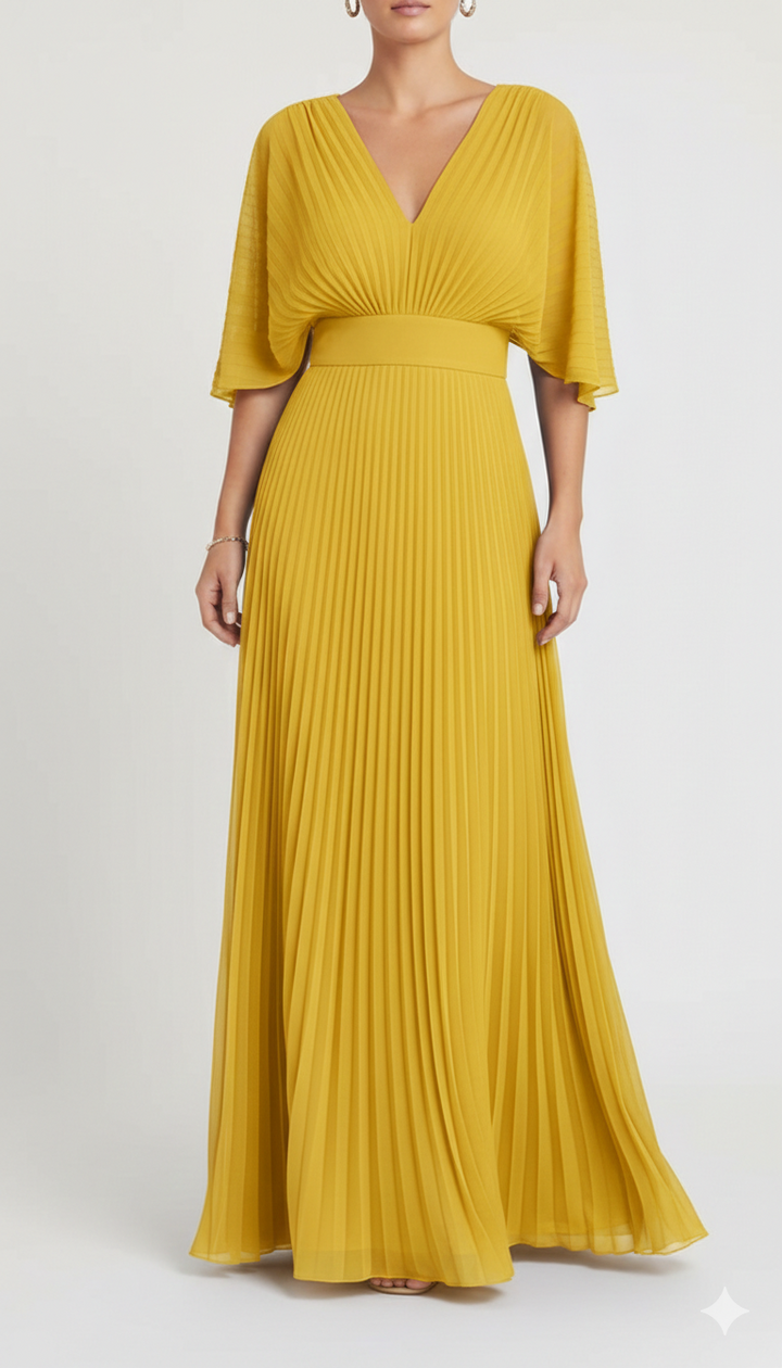 Maxi-jurk voor dames met v-hals en plooien