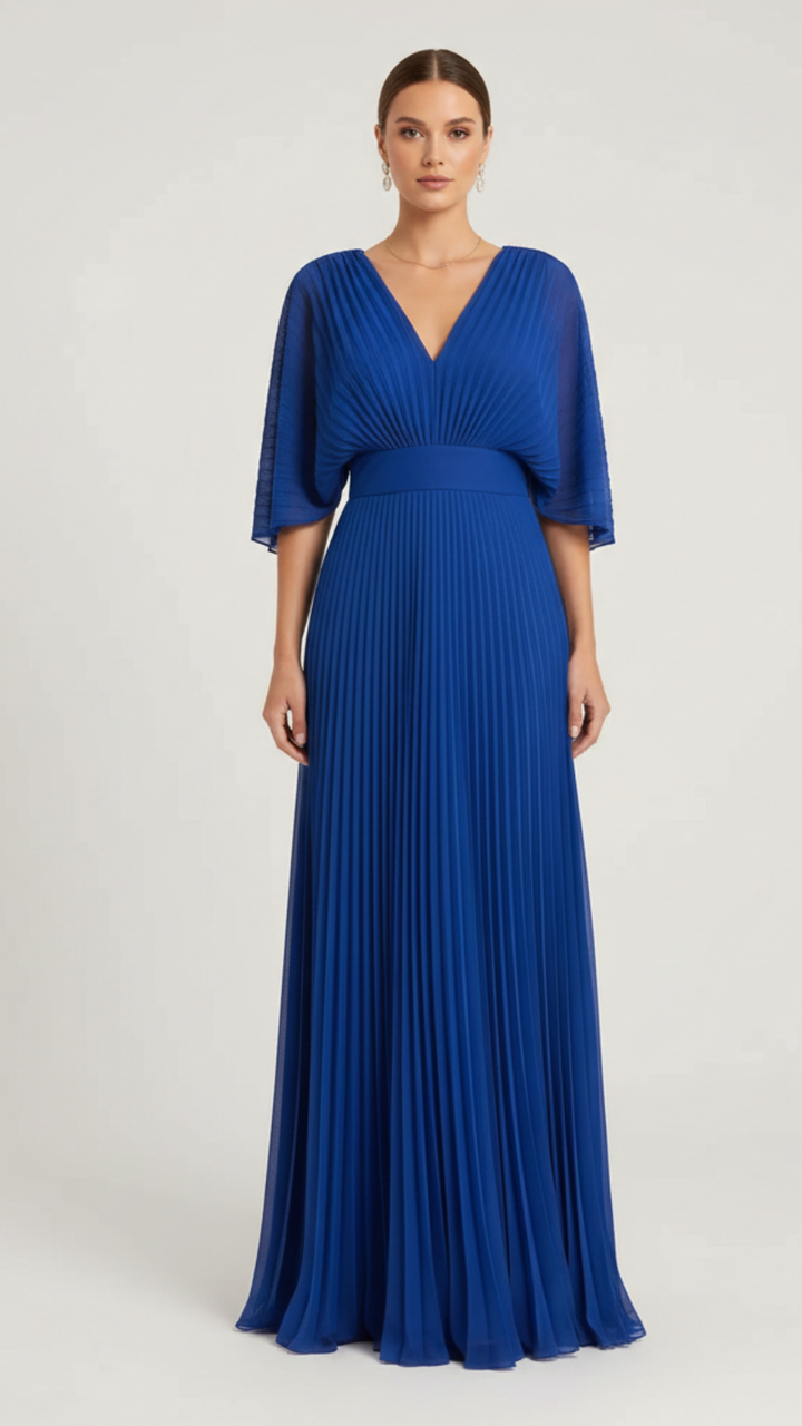 Maxi-jurk voor dames met v-hals en plooien