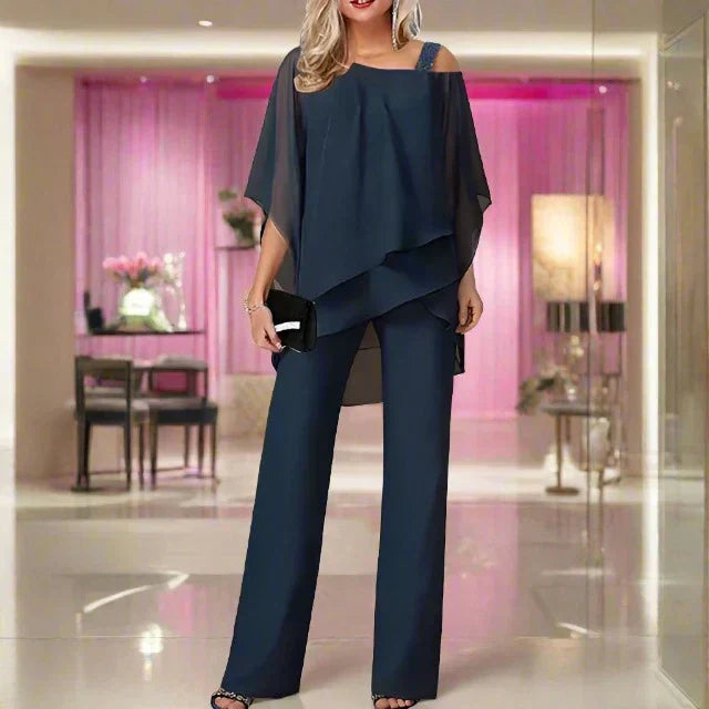 Dames chiffon tweedelig set met jasje en broek elegant