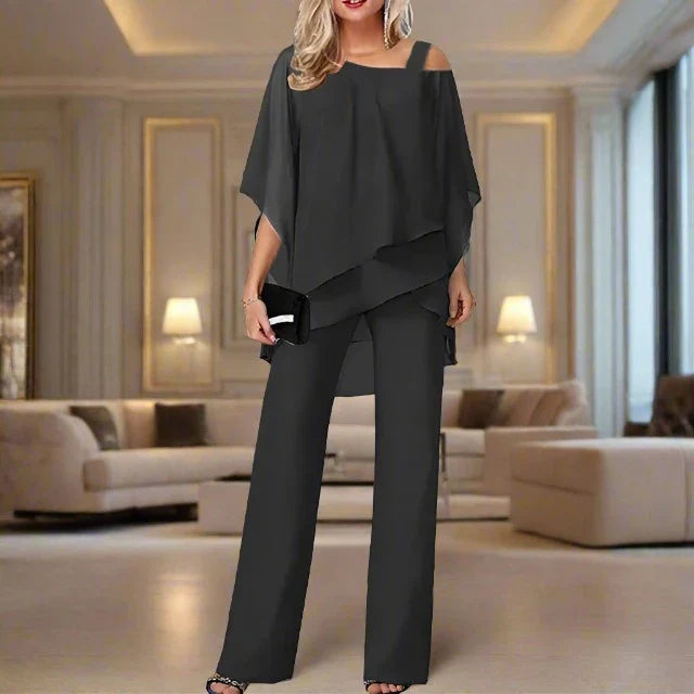 Dames chiffon tweedelig set met jasje en broek elegant