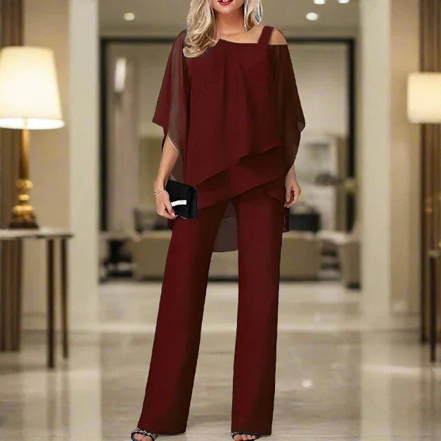 Dames chiffon tweedelig set met jasje en broek elegant