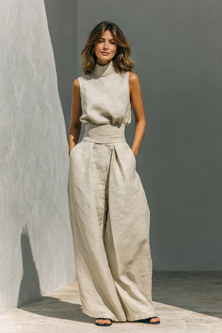 Dameslinnen set met wijde broek