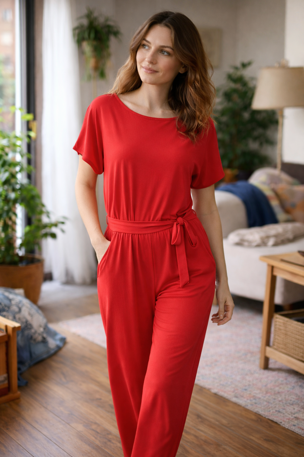 Damesjumpsuit met wijde pijpen en riem