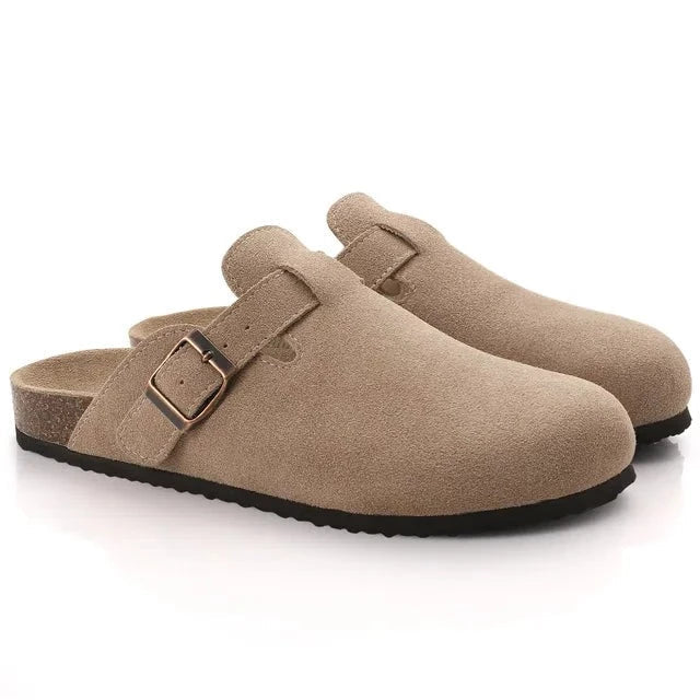 Dames boston suède sandalen met ergonomische kurken zool