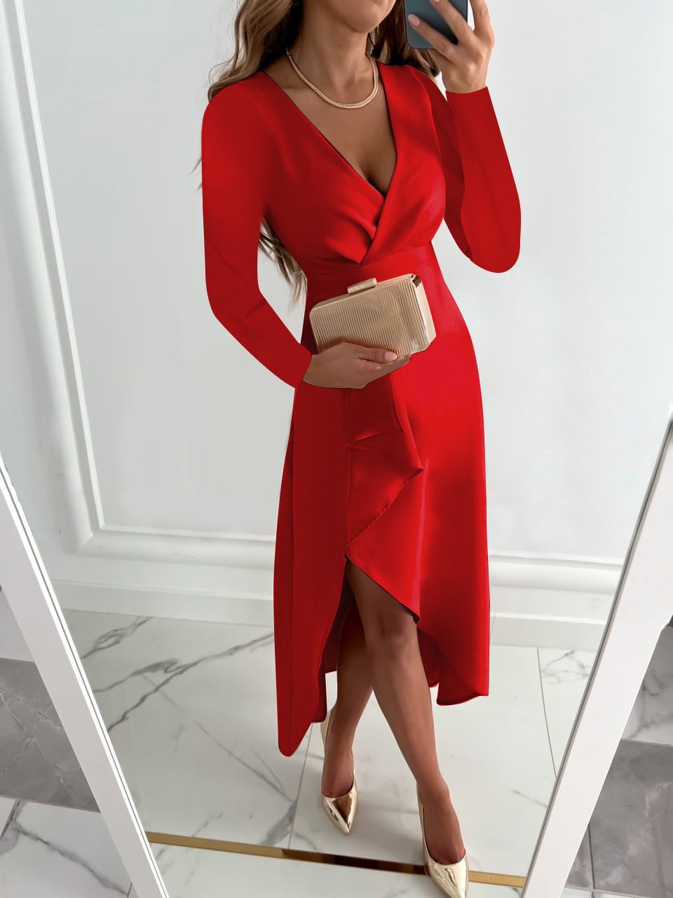 Midi-jurk voor dames met asymmetrische v-hals en empire-split