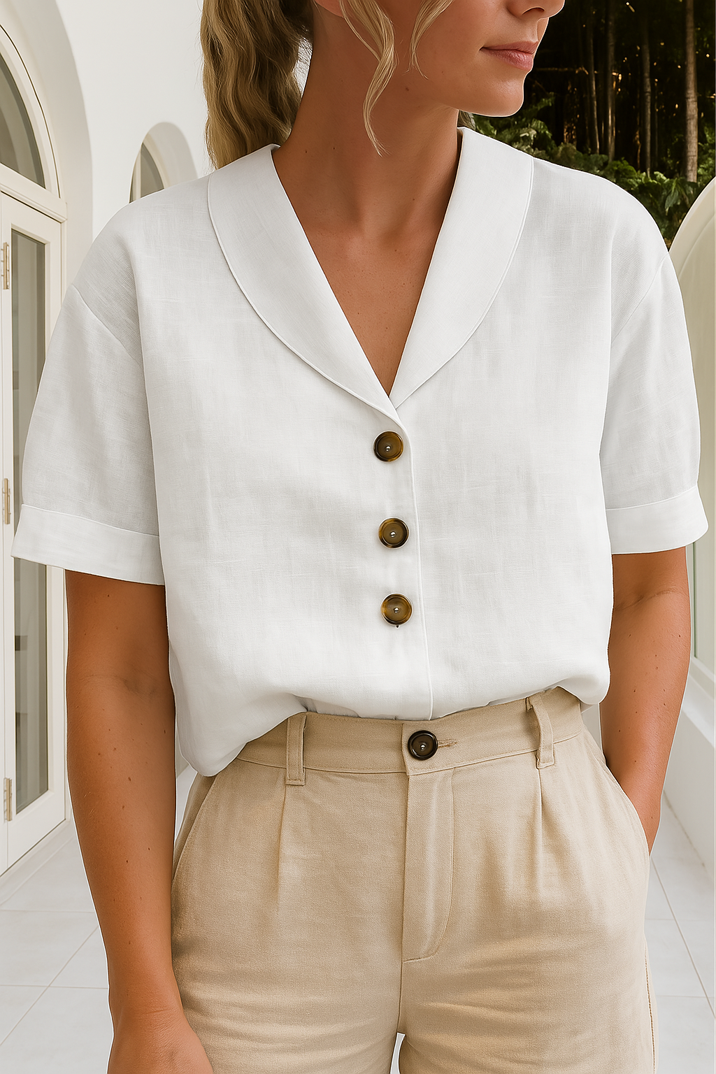 Dames t-shirt met knoopjes, korte mouwen