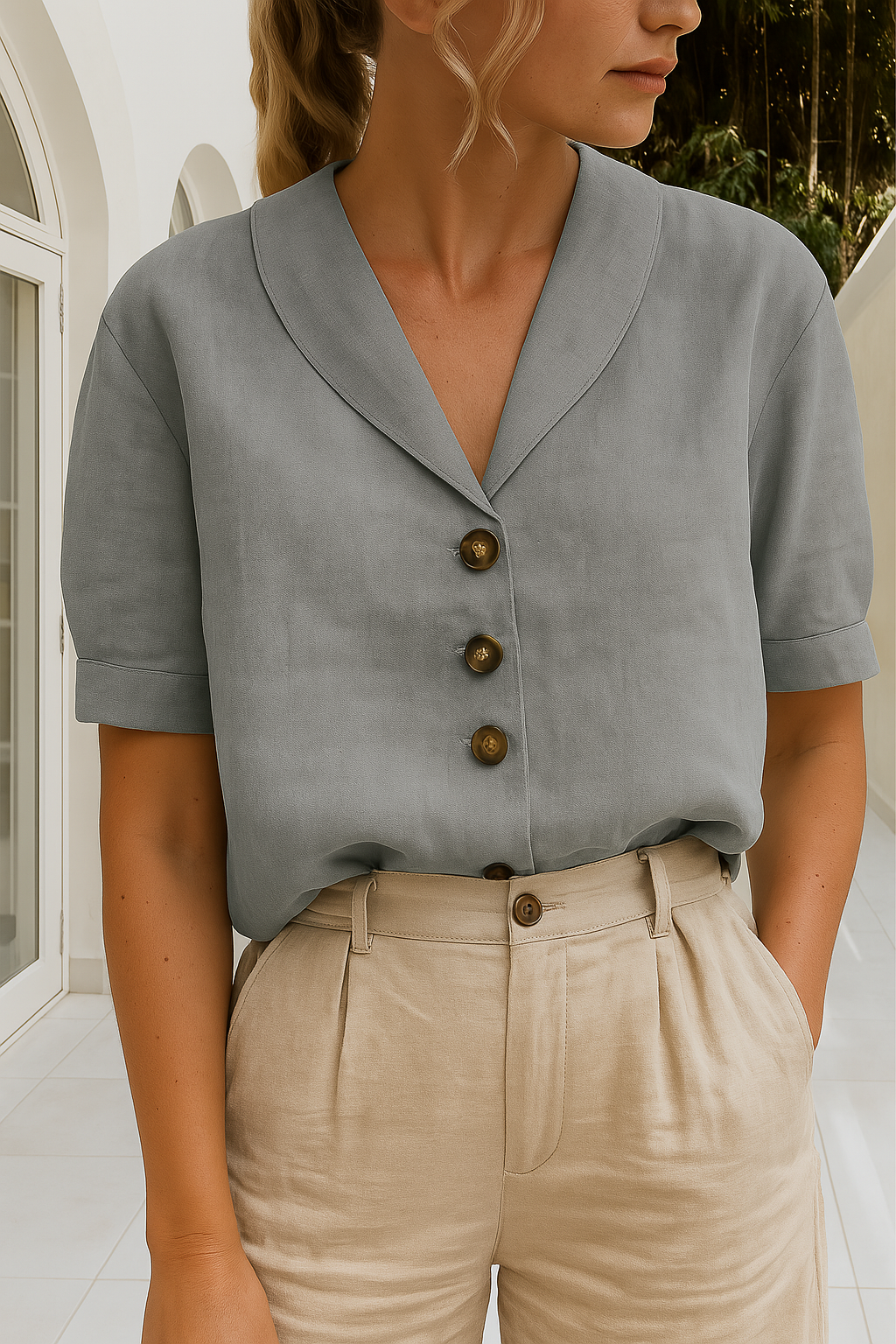 Dames t-shirt met knoopjes, korte mouwen