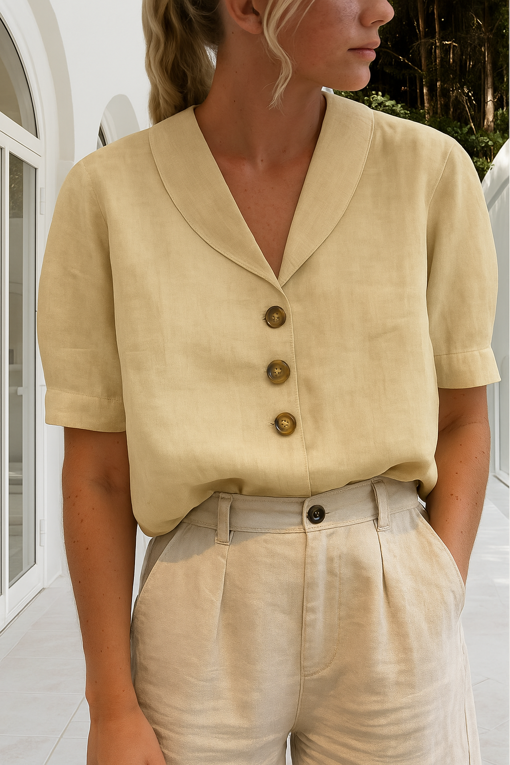 Dames t-shirt met knoopjes, korte mouwen