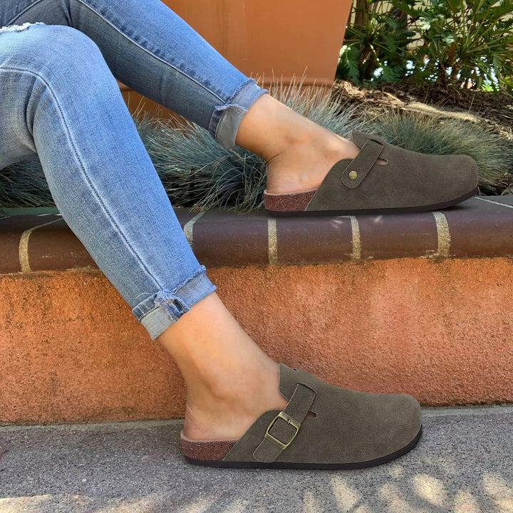 Dames boston suède sandalen met ergonomische kurken zool