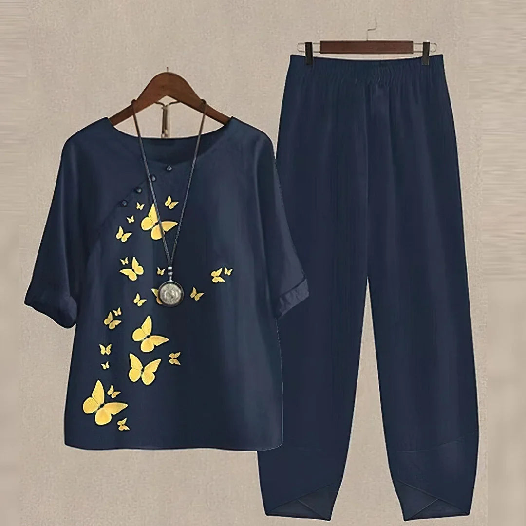Damesset met bloemenprint en wijde broek