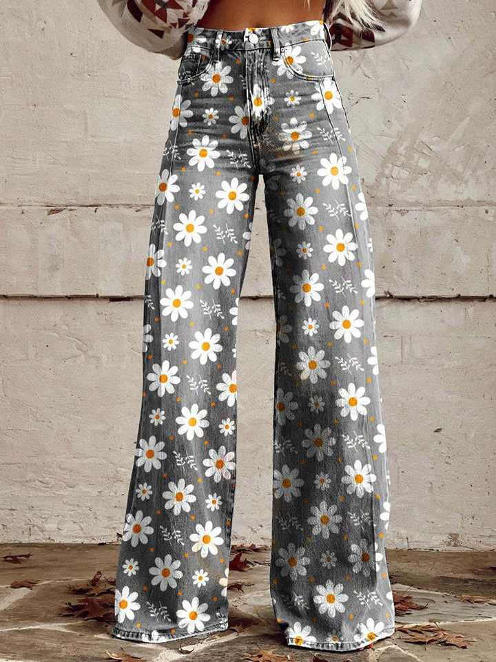 Damesbroek met hoge taille en wijde pijpen, bloemenprint