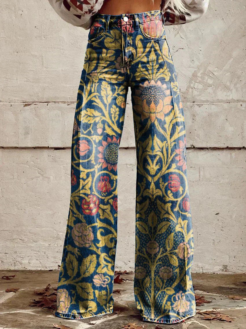 Damesbroek met hoge taille en wijde pijpen, bloemenprint