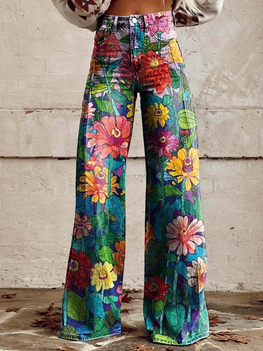 Damesbroek met hoge taille en wijde pijpen, bloemenprint