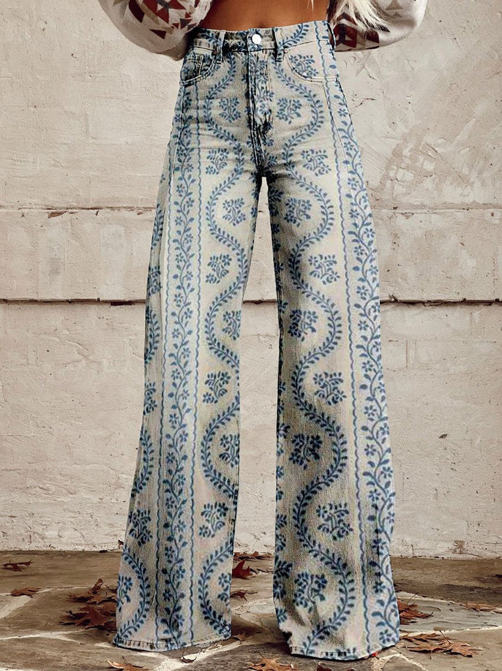 Damesbroek met hoge taille en wijde pijpen, bloemenprint