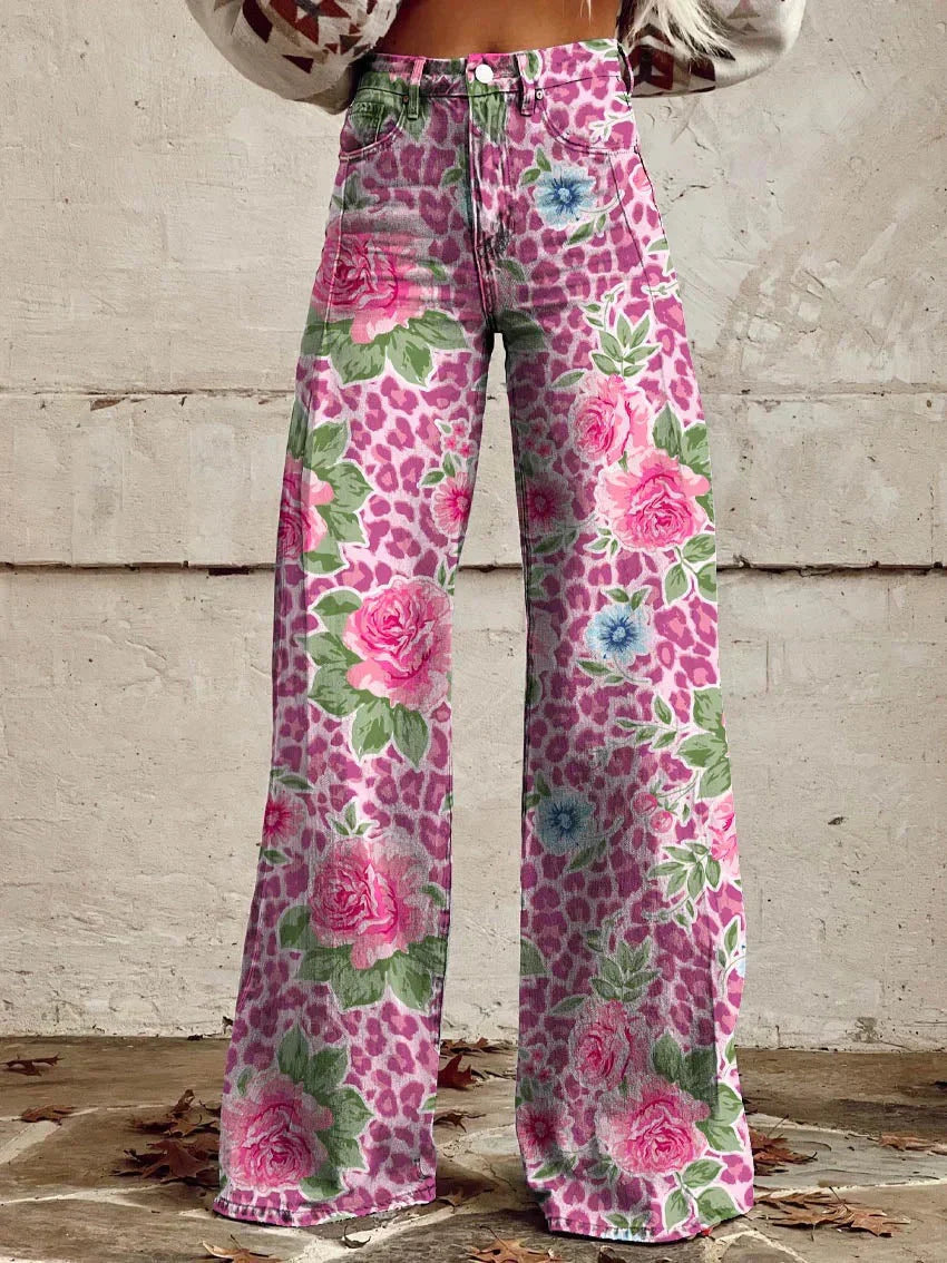 Damesbroek met hoge taille en wijde pijpen, bloemenprint