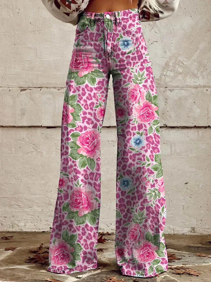 Damesbroek met hoge taille en wijde pijpen, bloemenprint