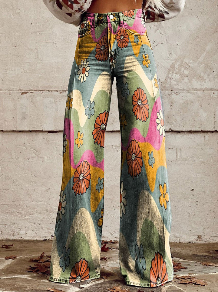 Damesbroek met hoge taille en wijde pijpen, bloemenprint