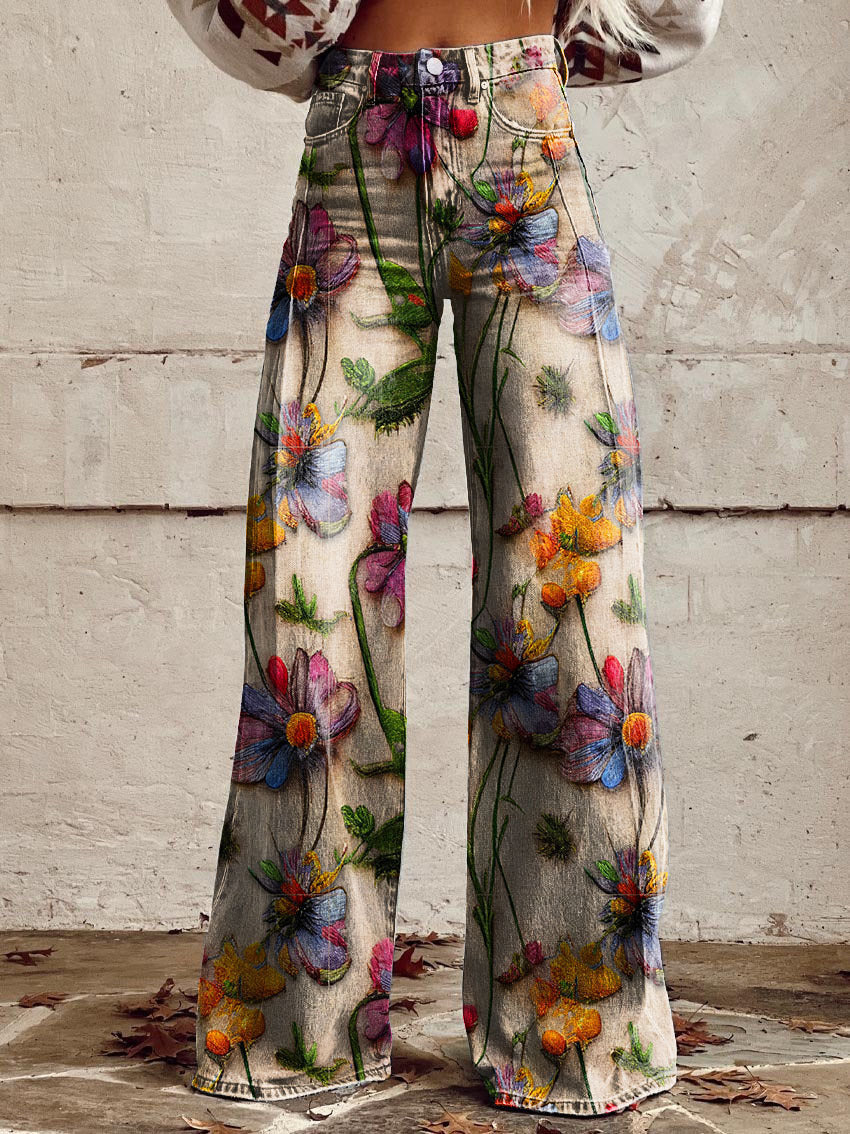Damesbroek met hoge taille en wijde pijpen, bloemenprint