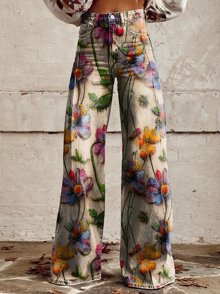 Damesbroek met hoge taille en wijde pijpen, bloemenprint