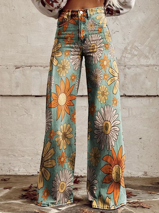 Damesbroek met hoge taille en wijde pijpen, bloemenprint