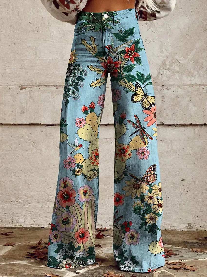 Damesbroek met hoge taille en wijde pijpen, bloemenprint