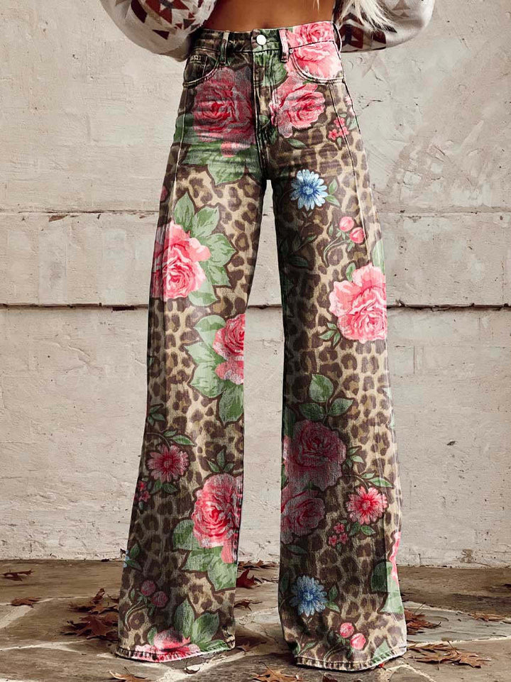 Damesbroek met hoge taille en wijde pijpen, bloemenprint