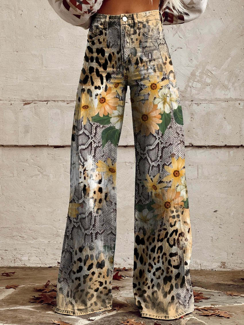 Damesbroek met hoge taille en wijde pijpen, bloemenprint